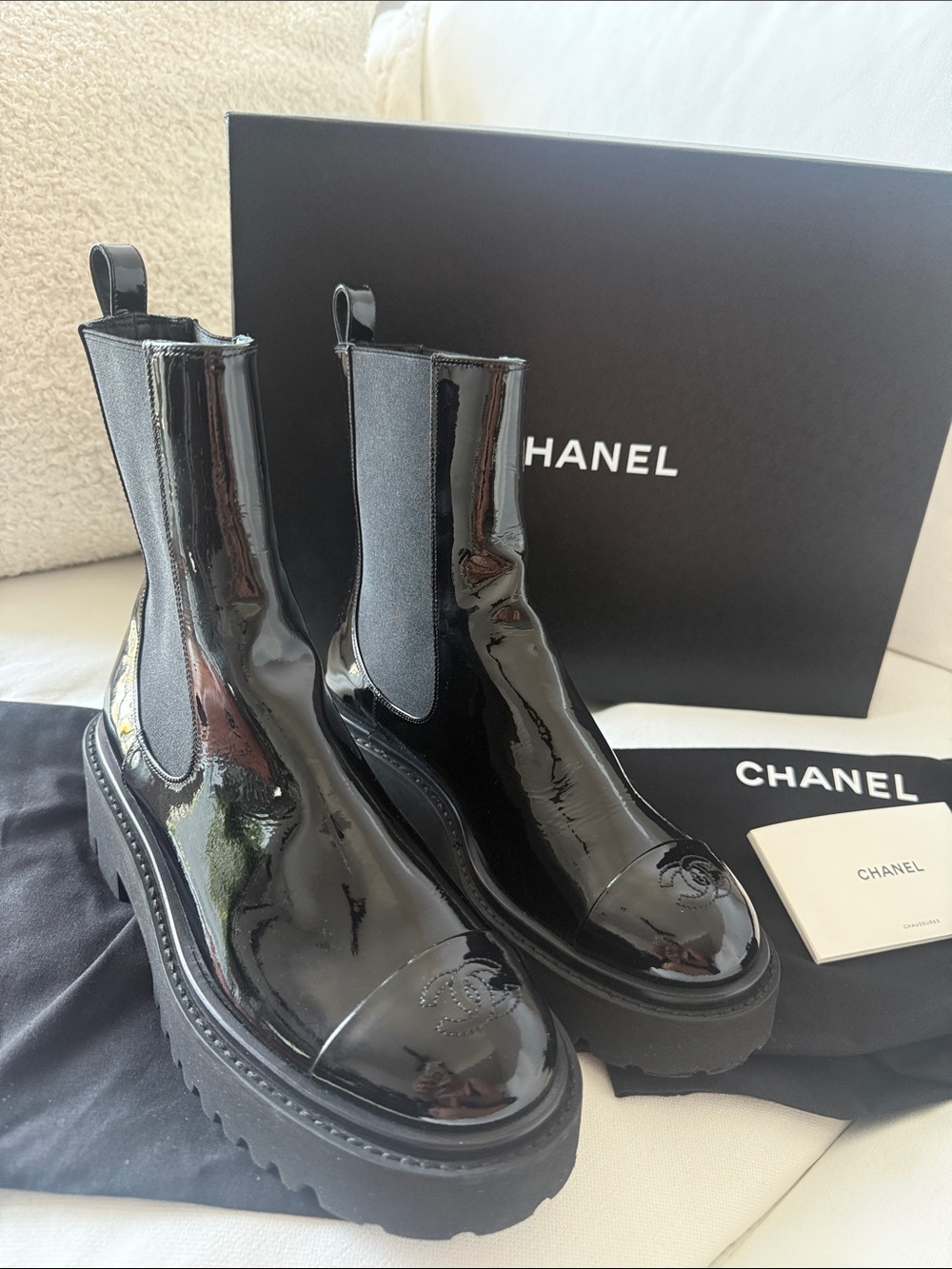 CHANEL Black Patent Leather Ankle Lug Boots